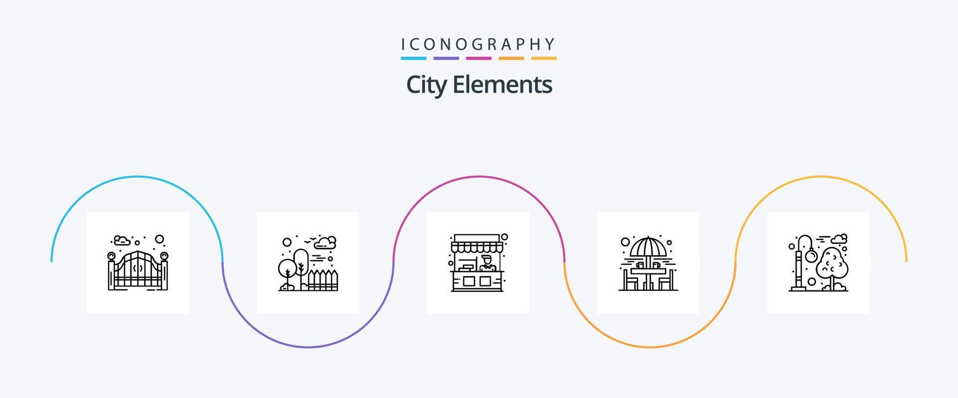 City Elements Line 5 Icon Pack inklusive Stadt. Sitztisch. Essen. Garten. Stuhl vektor
