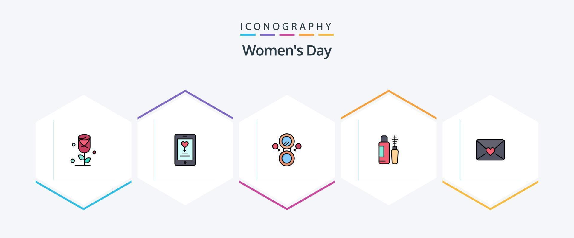 Womens Day 25 Filledline Icon Pack inklusive . Liebe. acht. Post. Auge vektor