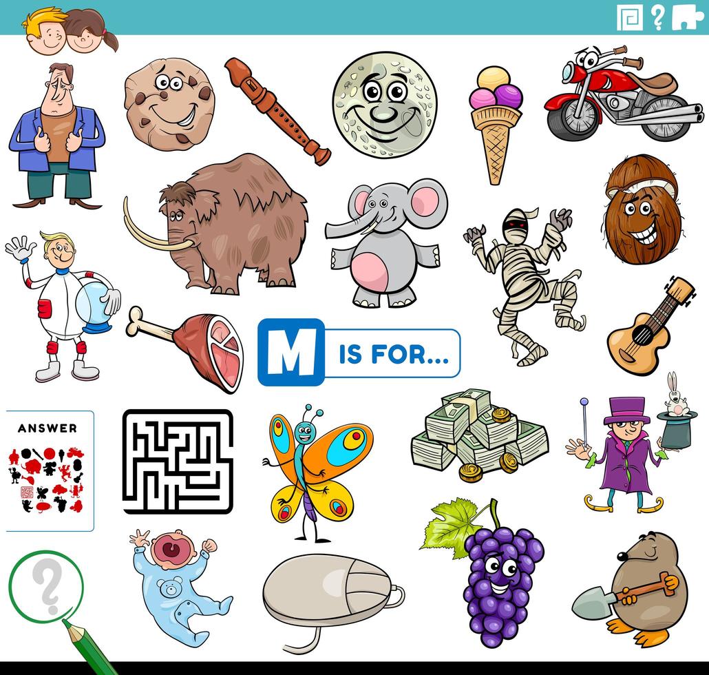 bokstaven m ord pedagogisk uppgift för barn vektor
