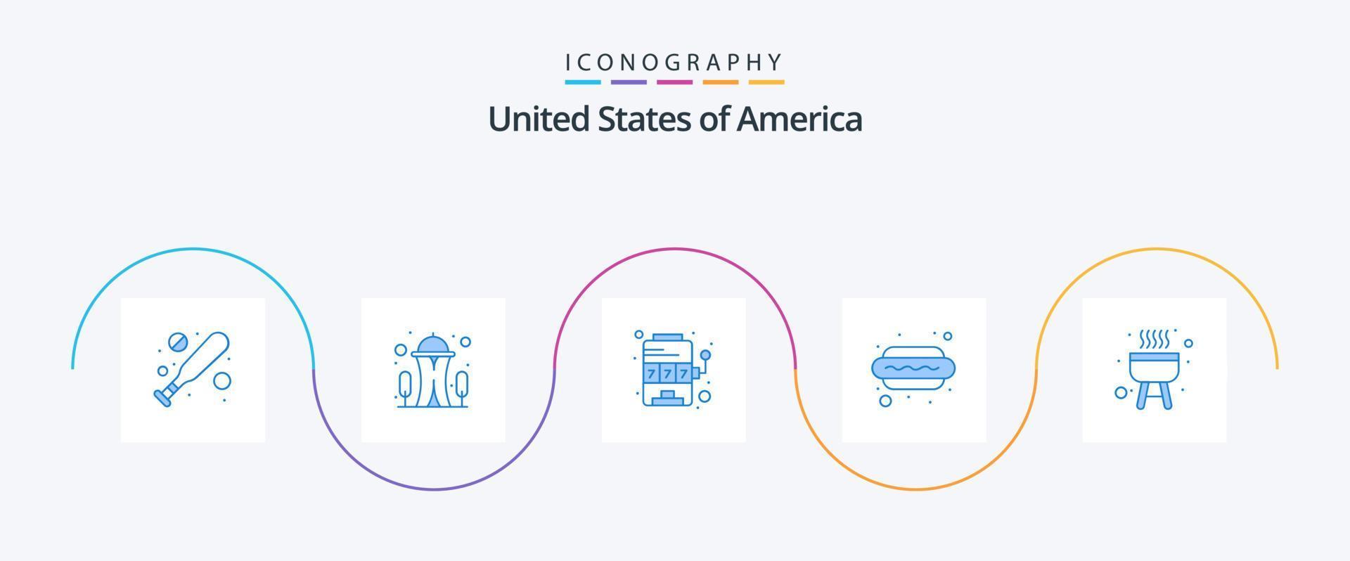 USA blå 5 ikon packa Inklusive laga mat. utegrill. maskin. varm i. hund vektor