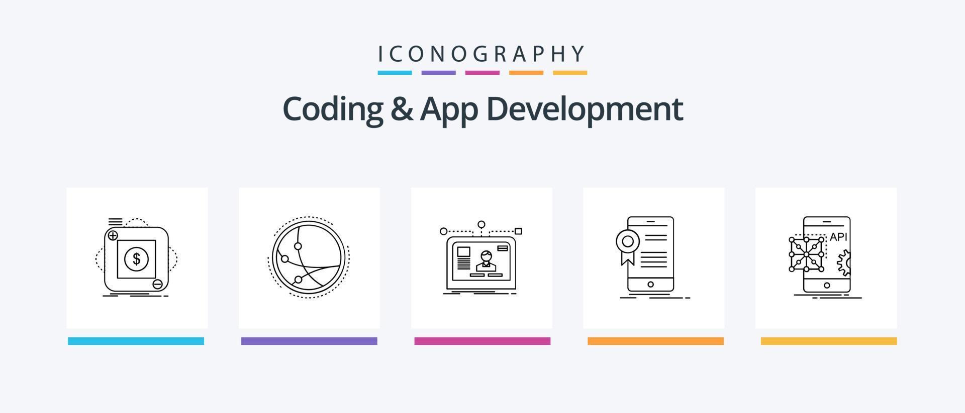 kodning och app utveckling linje 5 ikon packa Inklusive dator. app. skyttel. underhållning. spelande. kreativ ikoner design vektor