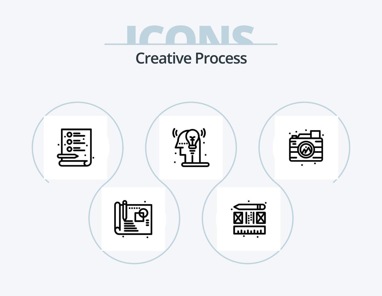 kreative Prozesslinie Icon Pack 5 Icon Design. . Schreibwaren. Schriftart. Verfahren. Produkt vektor
