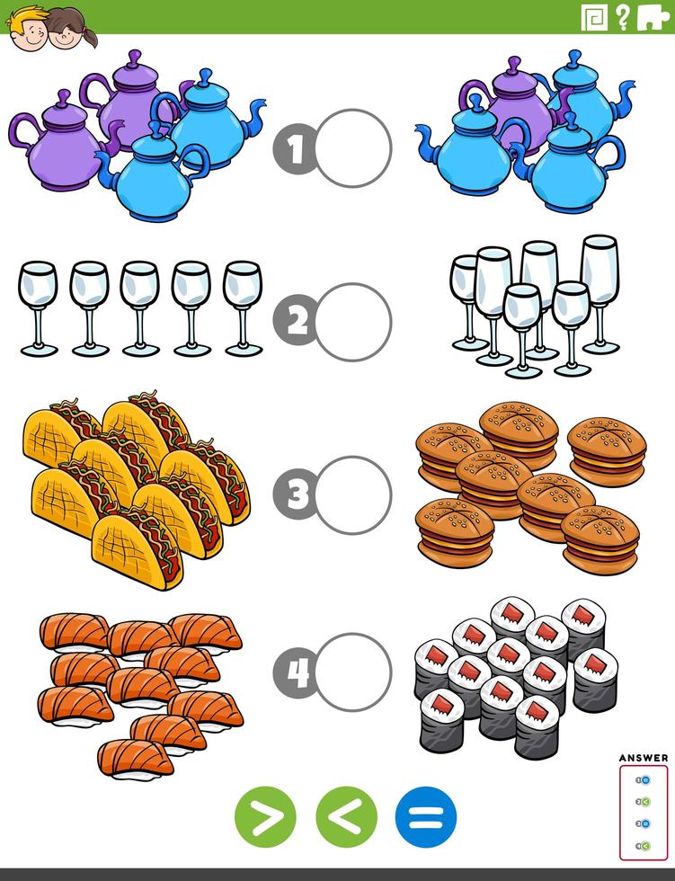 större mindre eller lika pedagogiskt spel med matobjekt vektor