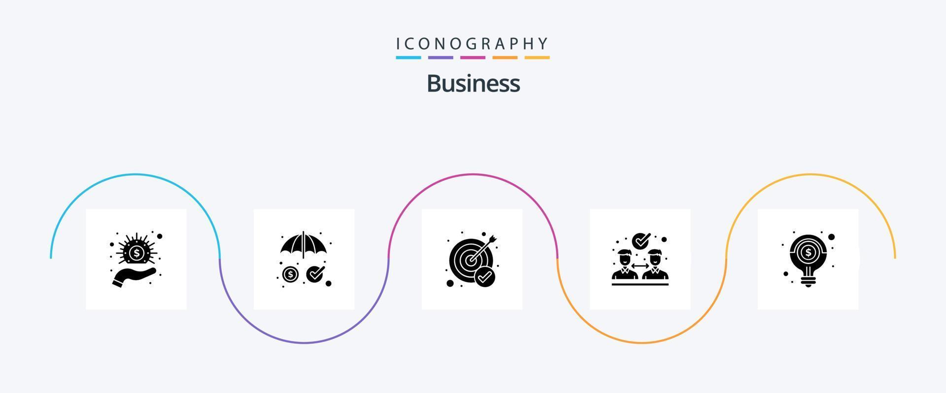 Business Glyph 5 Icon Pack inklusive Glühbirne. Idee. Leistung. Partnerschaft. Vereinbarung vektor