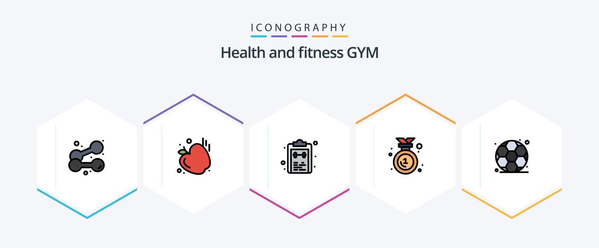 Gym 25 Filledline Icon Pack inklusive Gym. Medaille. Liste. Emblem. vergeben vektor