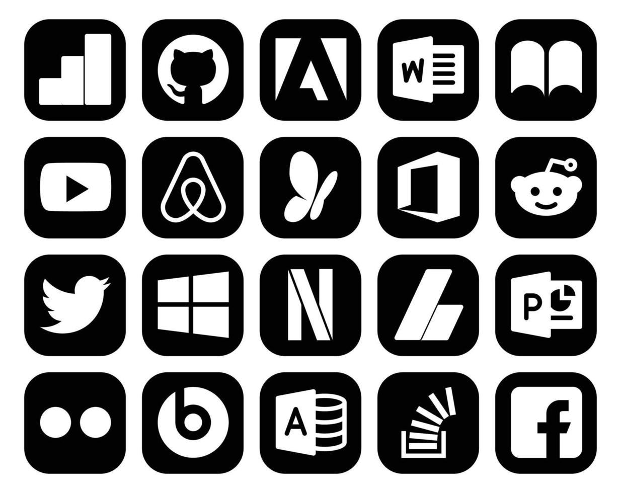 20 Social-Media-Icon-Packs, einschließlich Powerpoint-AdSense-MSN-Netflix-Tweets vektor