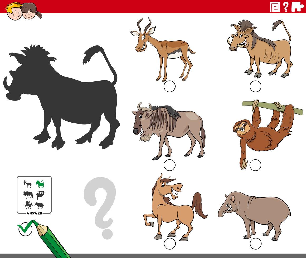 skuggor uppgift med seriefigurer djur vektor