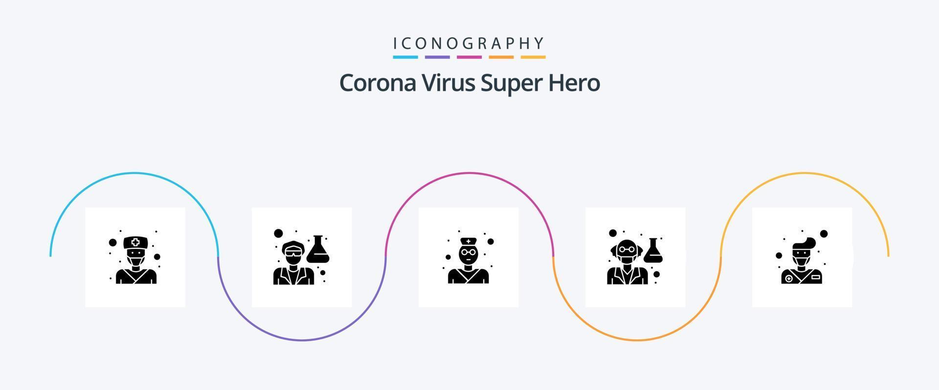 Corona-Virus Superheld Glyphe 5 Icon Pack inklusive Avatar. Wissenschaftler. medizinisch. Professor. Alter Mann vektor