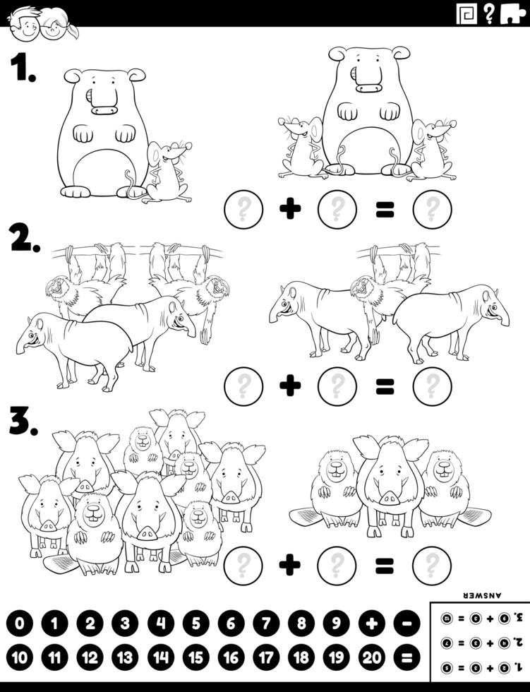 matematisk tillägg pedagogisk uppgift med komiska djur vektor