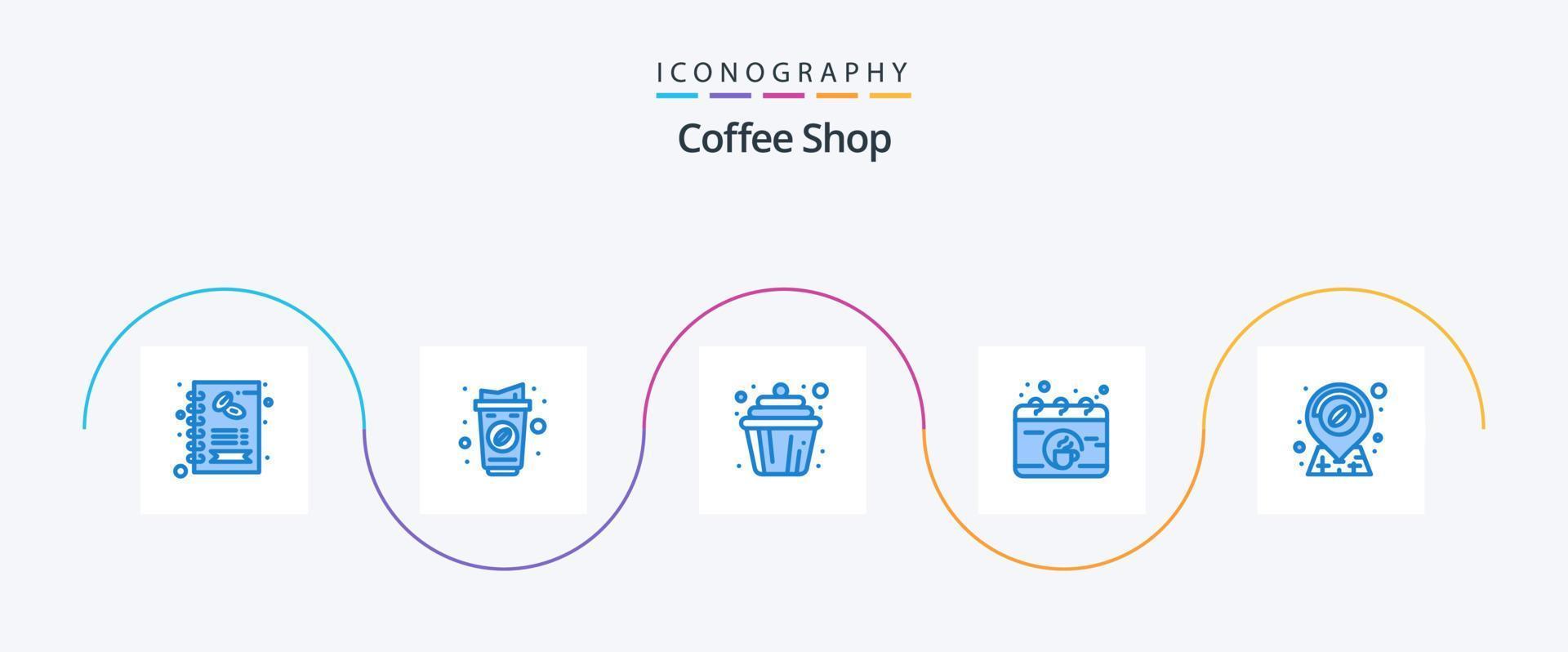 Coffee Shop Blue 5 Icon Pack inklusive Standort. Tasse. Cupcake. Kaffee. Kalender vektor