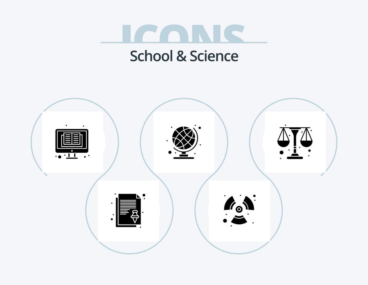 skola och vetenskap glyf ikon packa 5 ikon design. skala. bok. klot. utbildning vektor