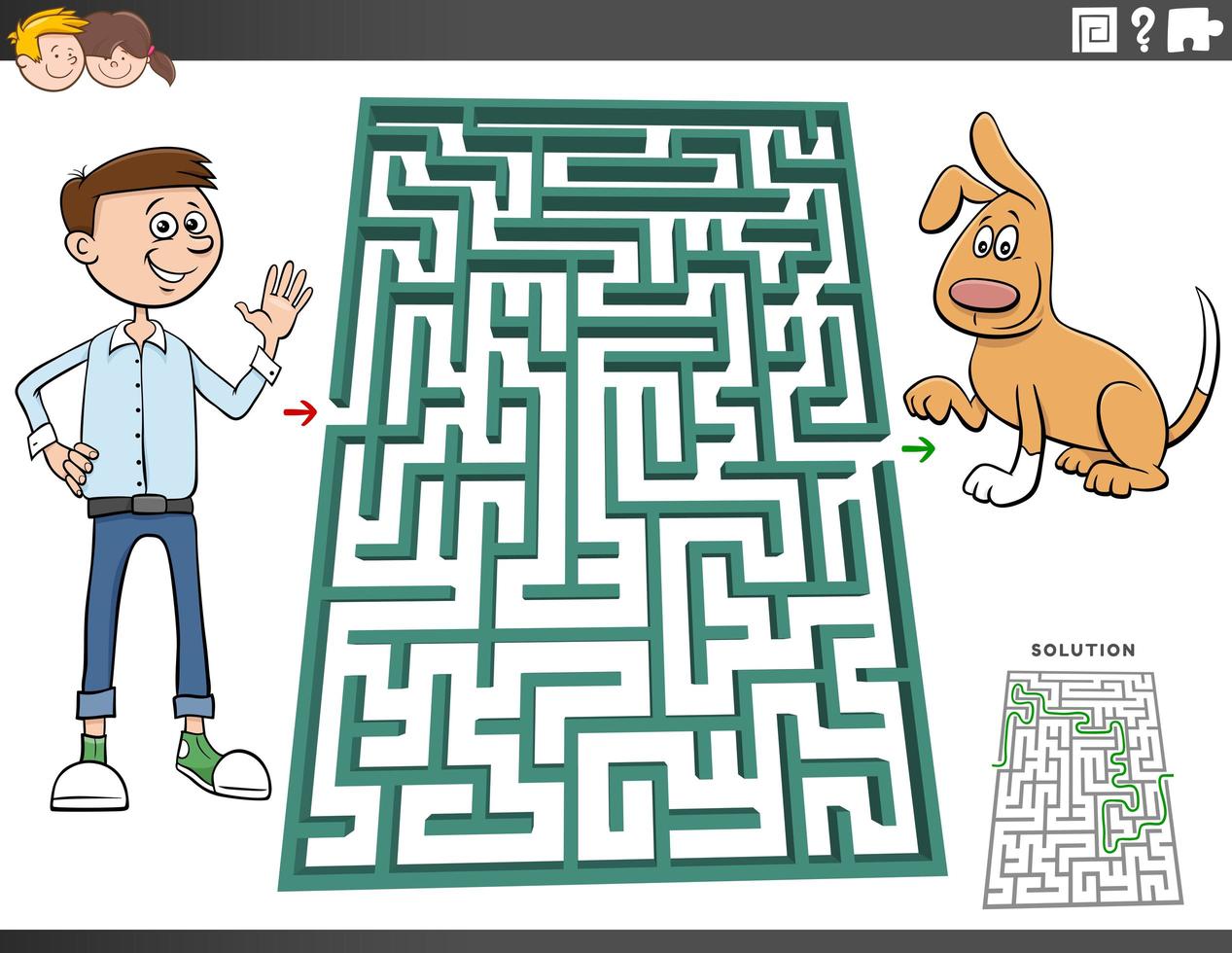 labyrint spel med tonåring pojke och hund vektor