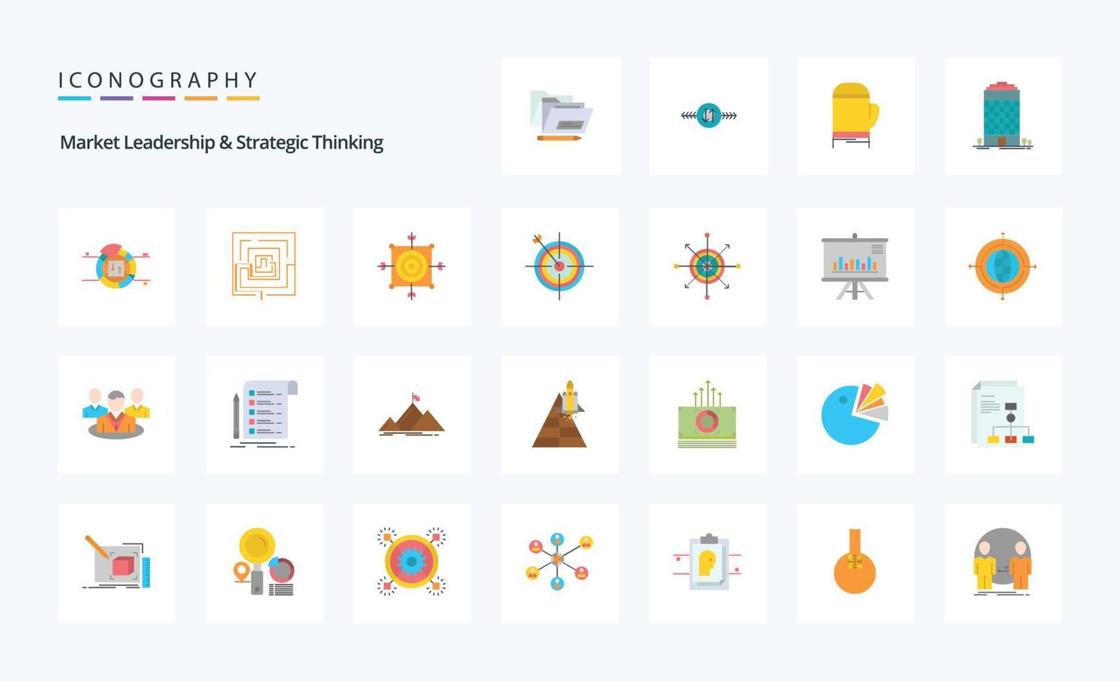 25 marknadsföra ledarskap och strategisk tänkande platt Färg ikon packa vektor
