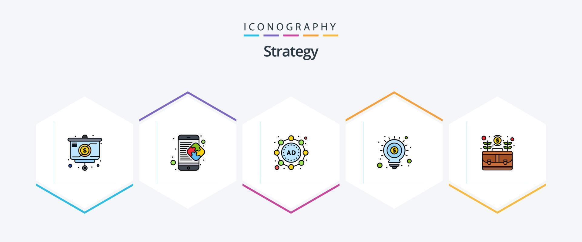 Strategy 25 Filledline Icon Pack inklusive Business. Marketing. Lösung. seo. Idee vektor