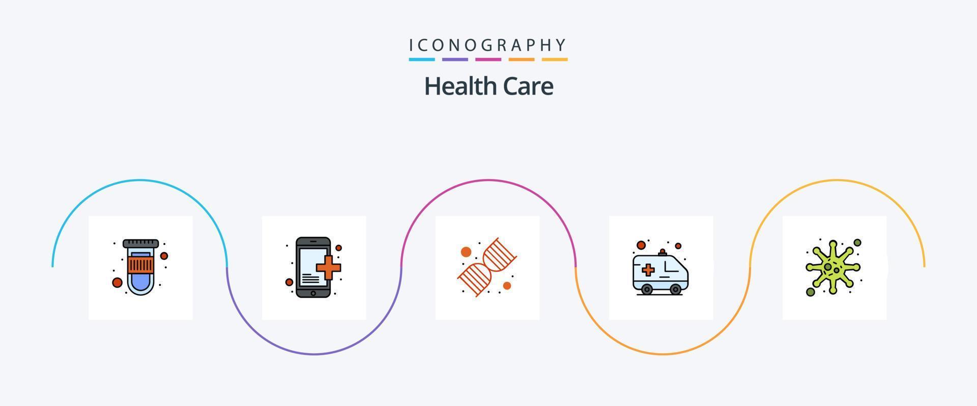 Gesundheitslinie gefülltes flaches 5-Icon-Pack einschließlich Krankheit. Transport. DNA. Krankenhaus. Krankenwagen vektor