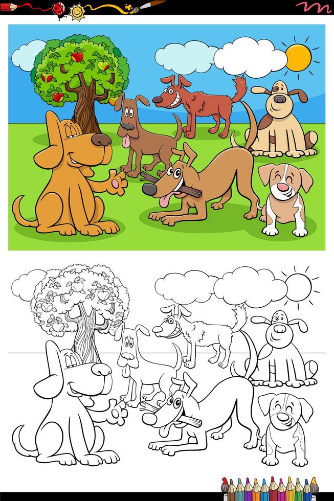 tecknad glada hundar grupp målarbok sida vektor