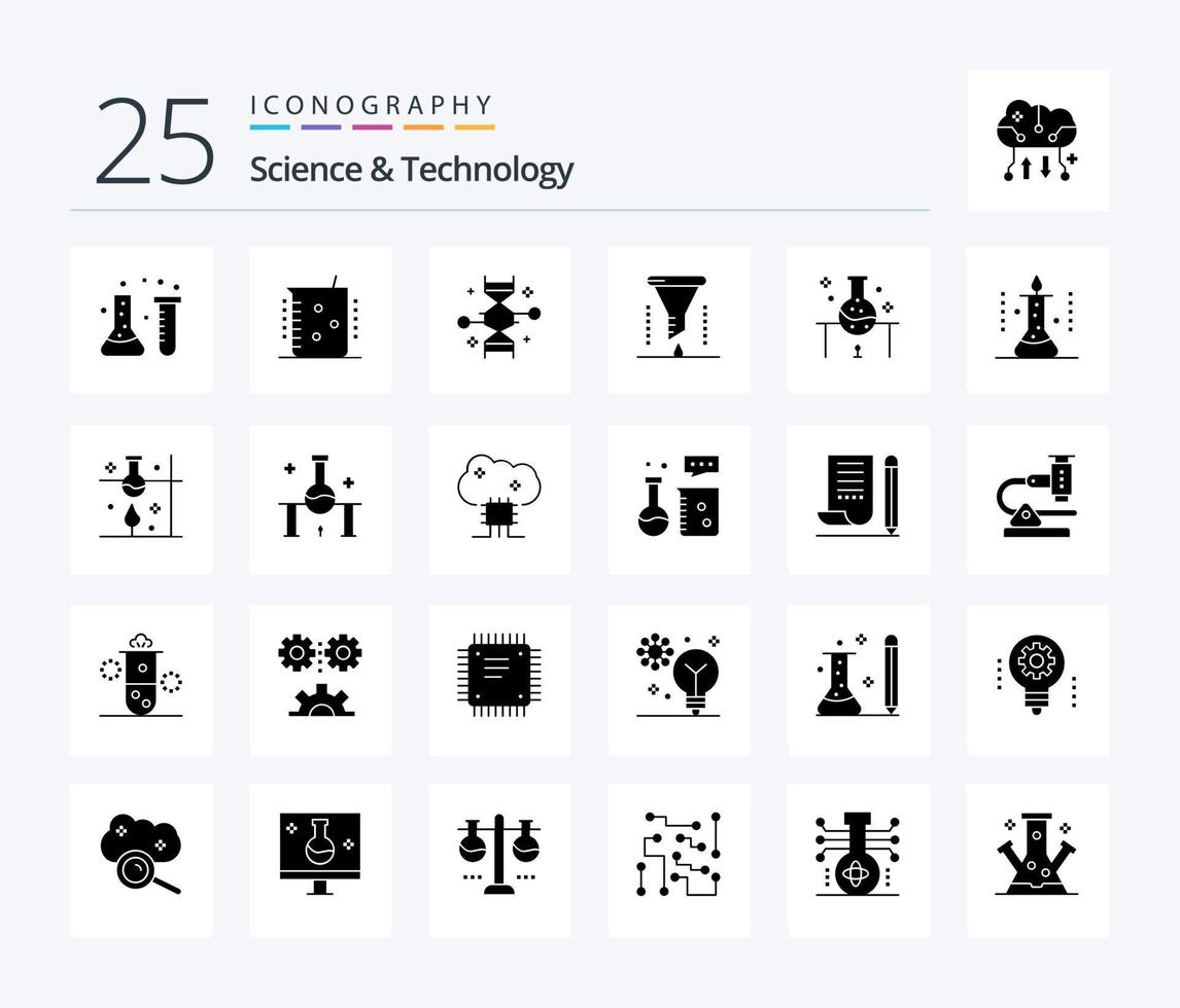 Wissenschaft und Technologie 25 solides Glyphen-Icon-Pack einschließlich Wissenschaft. Labor. genetische Veränderung. Trichter. Chemielabor vektor