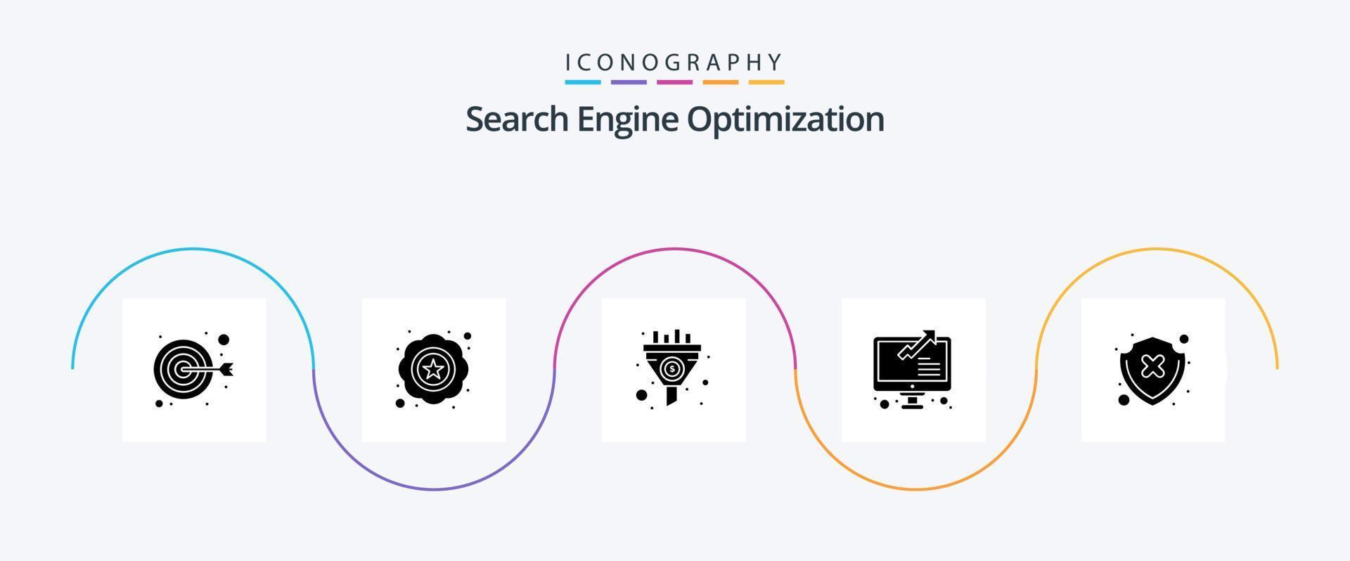 SEO Glyph 5 Icon Pack inklusive Schild. online. Filter. Statistiken. Graph vektor