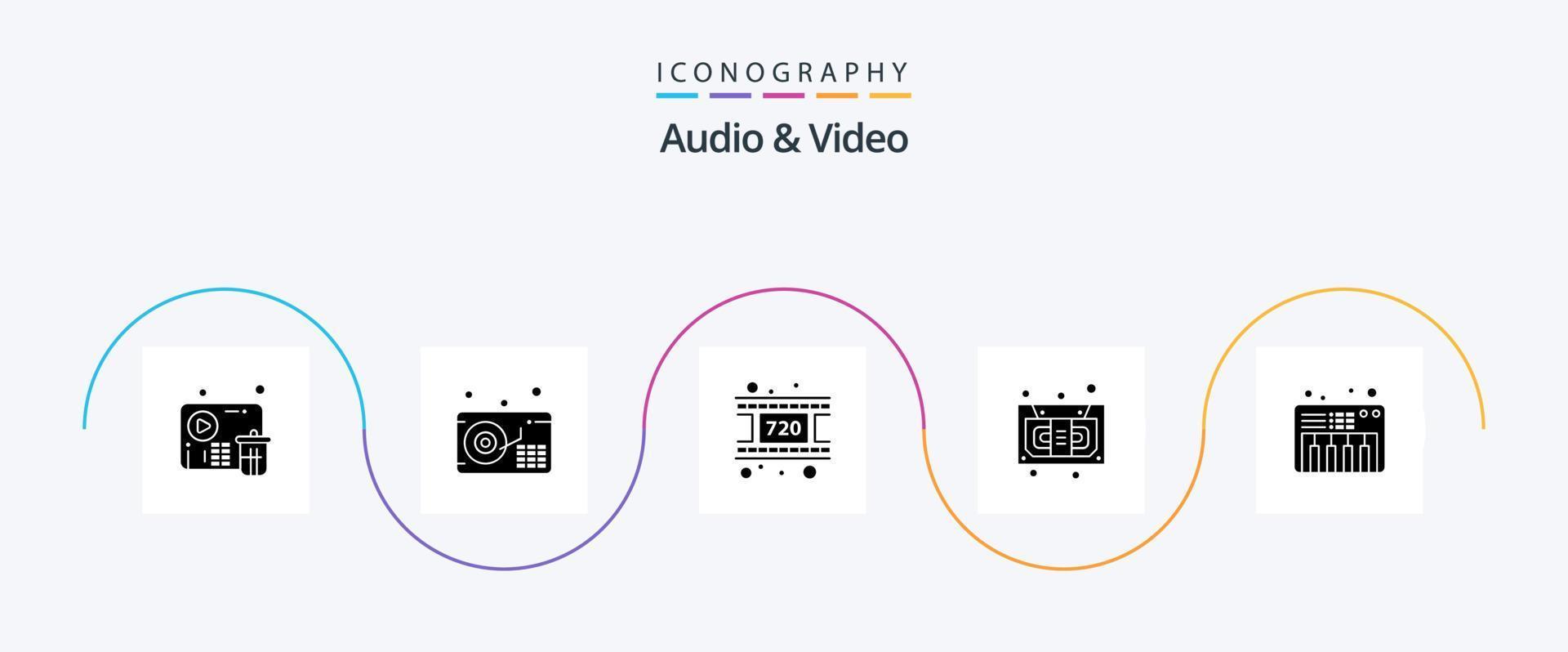 audio och video glyf 5 ikon packa Inklusive . piano. rulle. musik. musik vektor