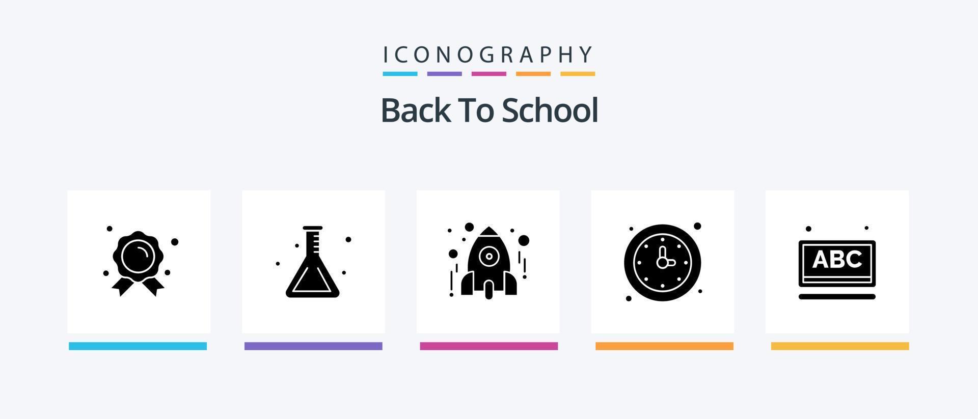 Back to School Glyph 5 Icon Pack inklusive Uhr. Zeit. Ausbildung. Schule. lernen. kreatives Symboldesign vektor