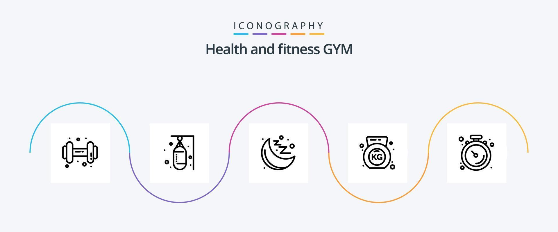 Gym Line 5 Icon Pack inklusive Muskel. Uhr. Fitnessstudio. Hantel vektor