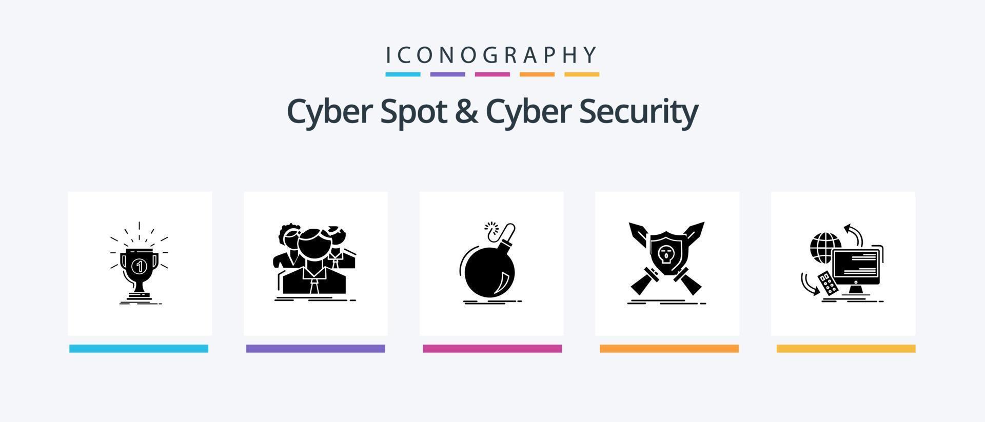 Cyber Spot und Cyber Security Glyph 5 Icon Pack inklusive Spiel. Abzeichen. Team. Explosion. Achtung. kreatives Symboldesign vektor