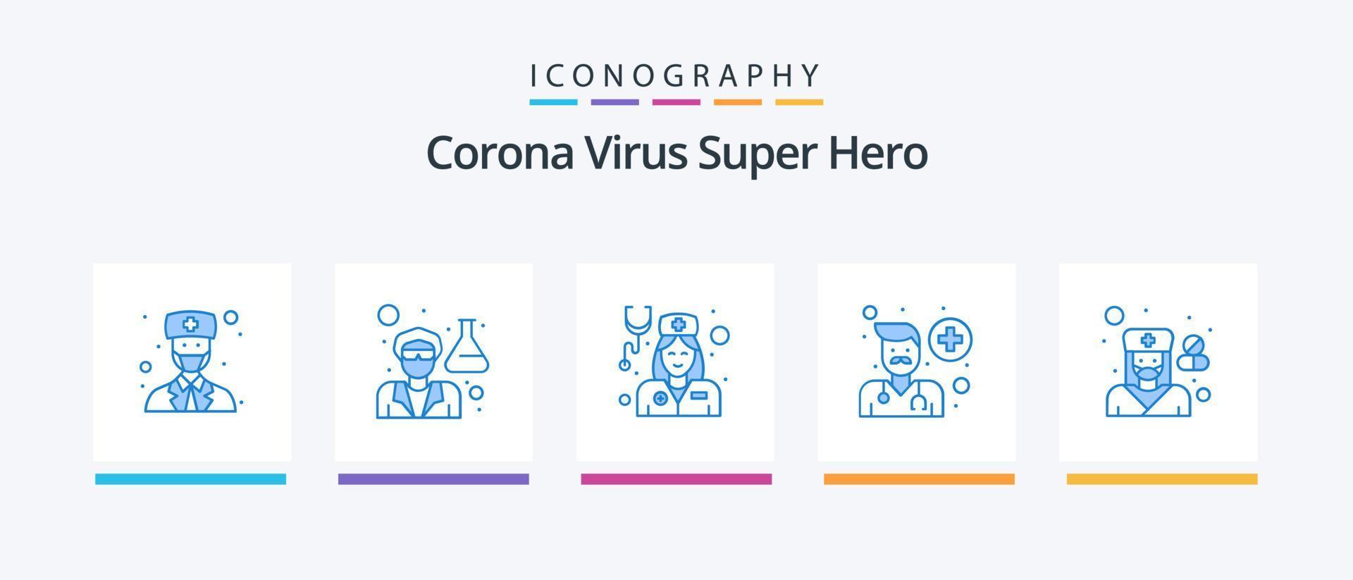 Corona-Virus Superheld blau 5 Icon Pack inklusive Frau. Menschen. Arzt. Mann. Benutzerbild. kreatives Symboldesign vektor