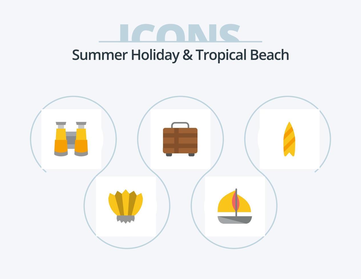 Strand flach Icon Pack 5 Icon Design. Surfbrett. Erholung. Fernglas. reisen. Urlaub vektor