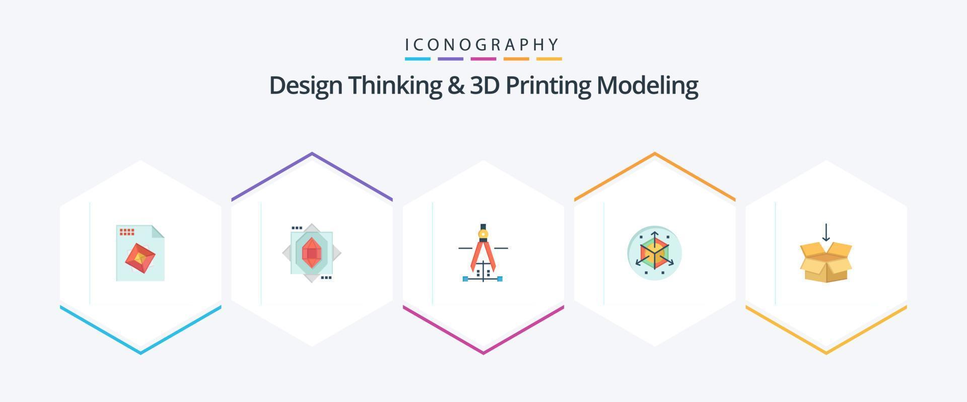 Design Thinking und D Printing Modeling 25 Flat Icon Pack inklusive Bildung. Pfeil. Zeichnung. Kasten. Änderung vektor