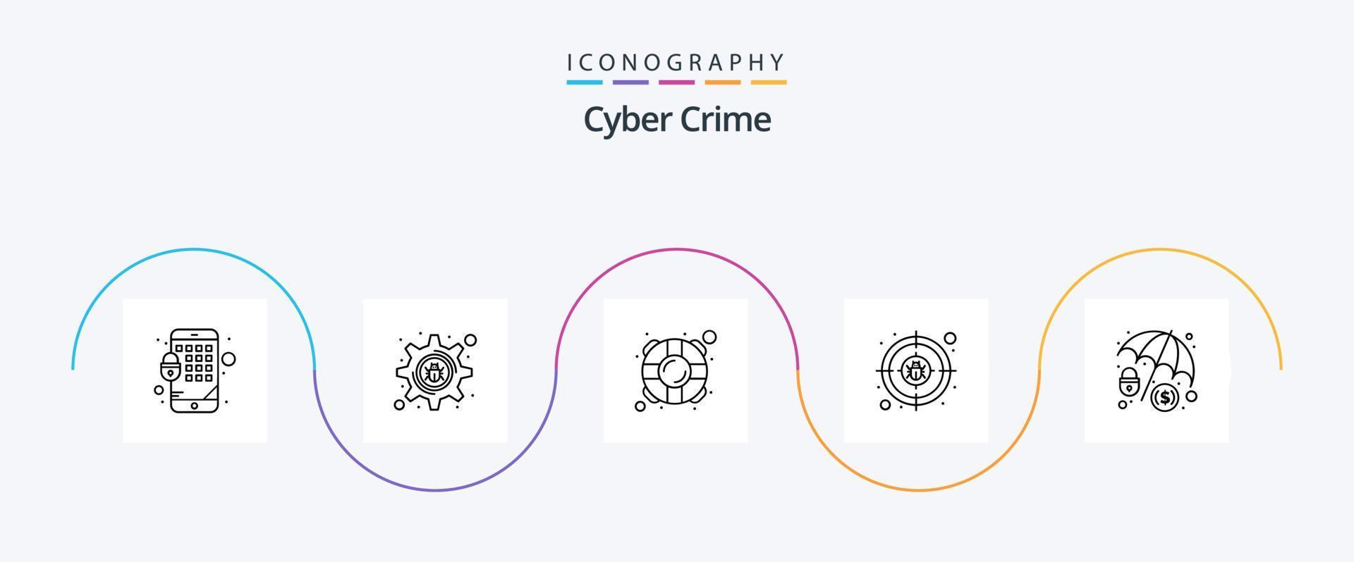 Cyber Crime Line 5 Icon Pack inklusive Hacker. Cyberkriminalität. Leben. Ziel. Cyber vektor