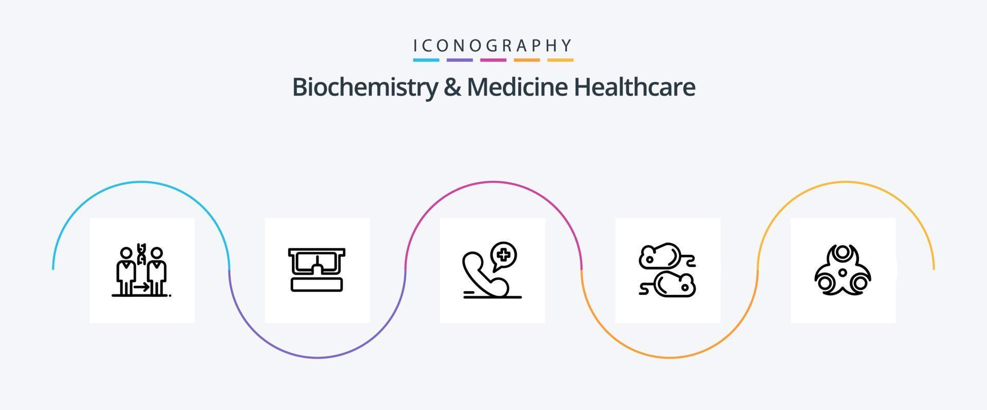 Biochemie und Medizin Healthcare Line 5 Icon Pack inklusive Gefahr. prüfen. Auge. testng. Krankenhaus vektor