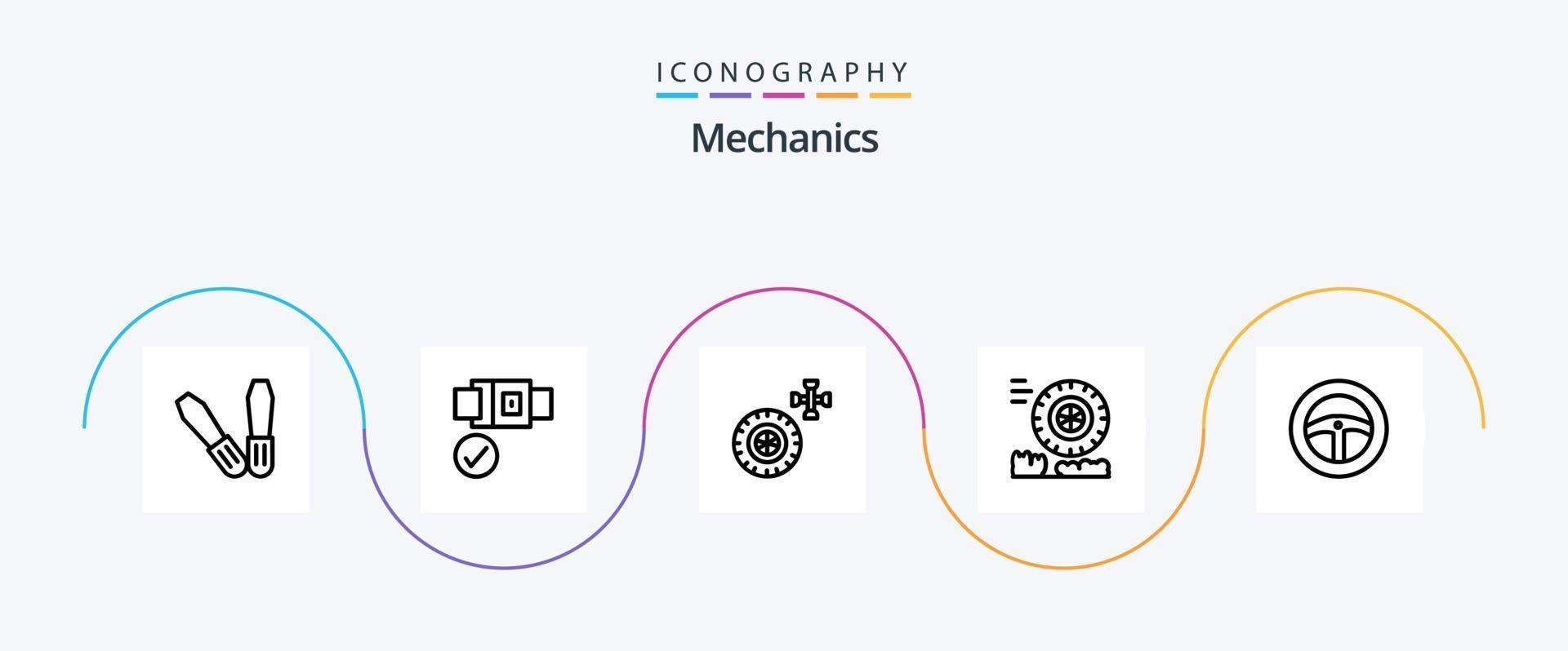 Mechanik Linie 5 Icon Pack inklusive . Reibung. Lenkung vektor