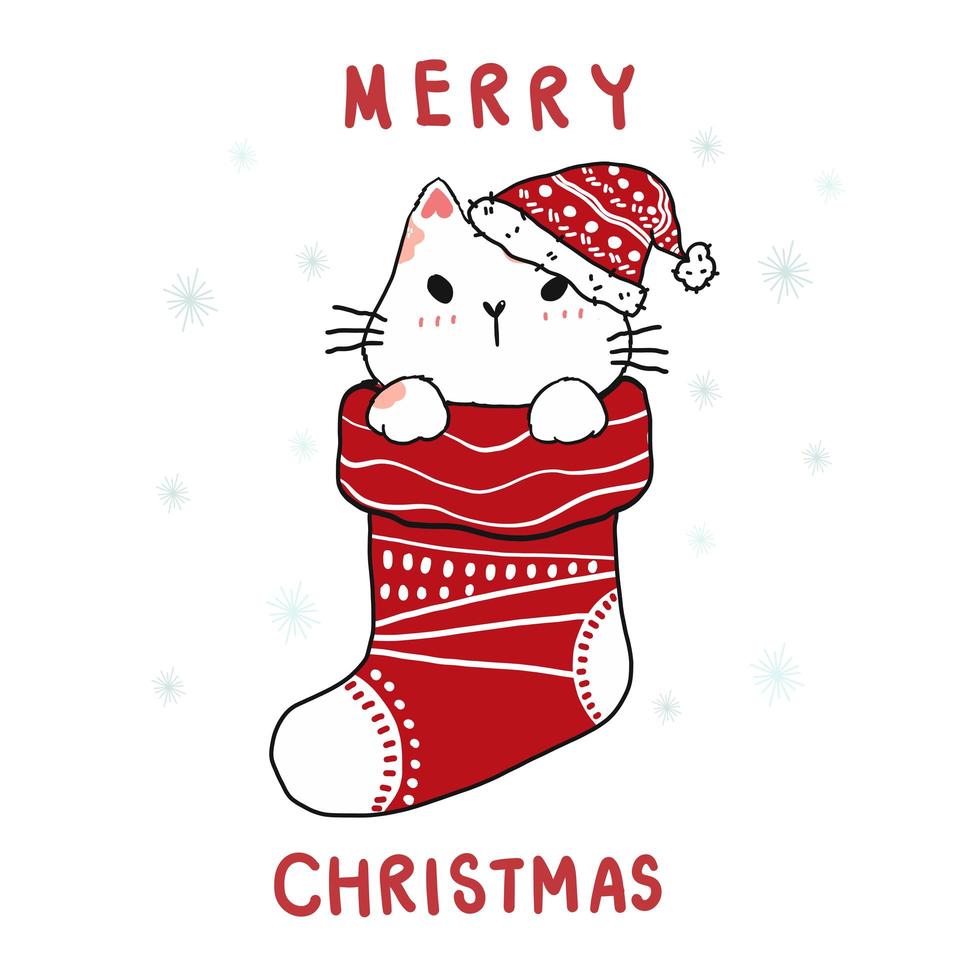 söt kartong doodle katt i jul röd strumpa, god jul vektor