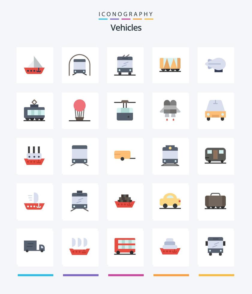 kreative Fahrzeuge 25 Flat Icon Pack wie Zeppelin. Wagen. Transport. Fahrzeug. Oberleitungsbus vektor