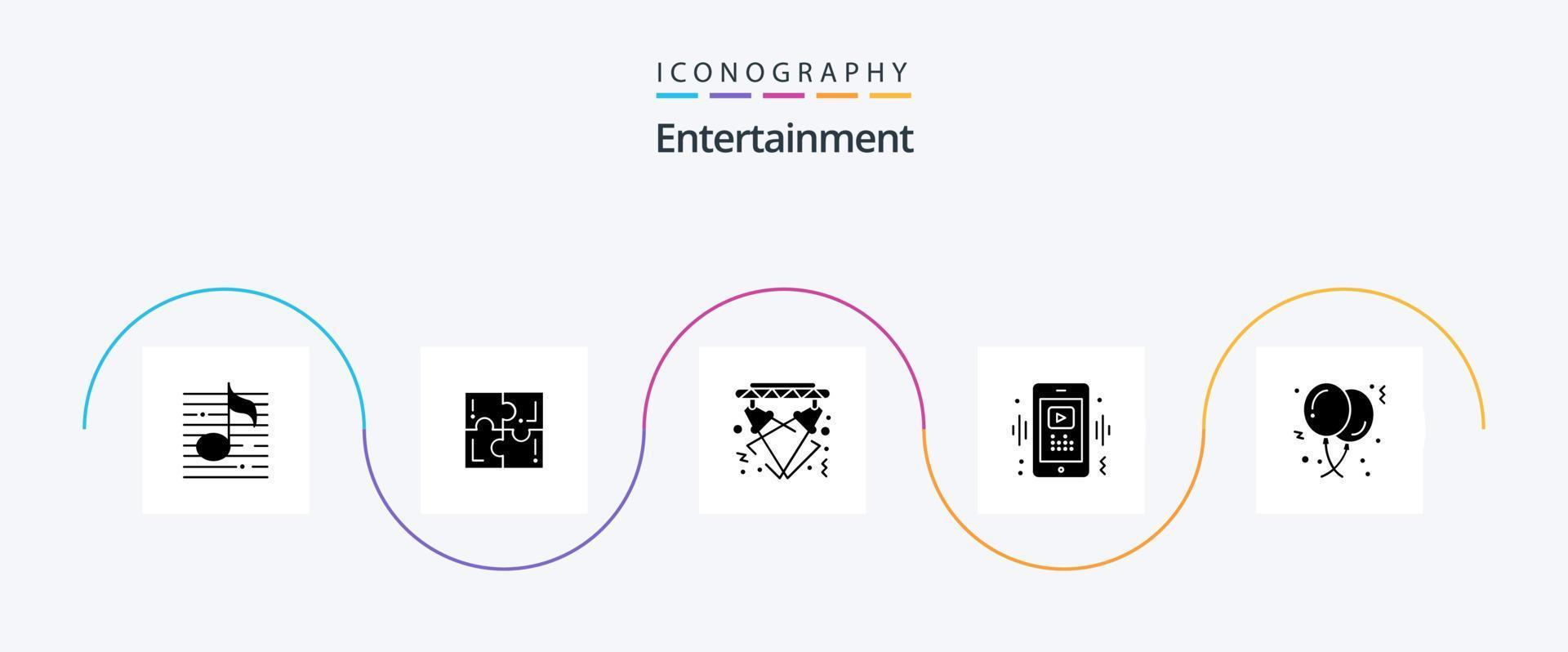 underhållning glyf 5 ikon packa Inklusive video. telefon. sport. händelse. ljus vektor