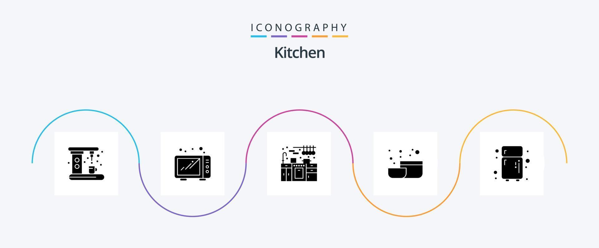 Kitchen Glyph 5 Icon Pack inklusive . Kühlschrank. Küche. Küche. Werkzeug vektor