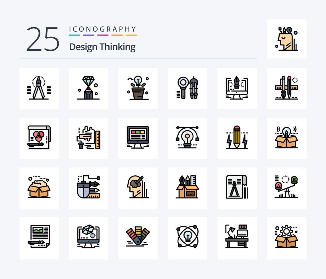 Design Thinking 25 Zeilen gefülltes Icon Pack inklusive Design. Anlage. Stift. Licht. frisch vektor