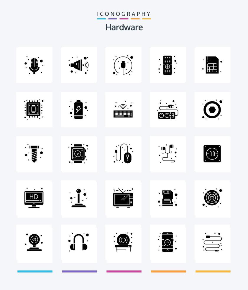 kreativ hårdvara 25 glyf fast svart ikon packa sådan som hårdvara. sim. plugg. mobil. TV vektor