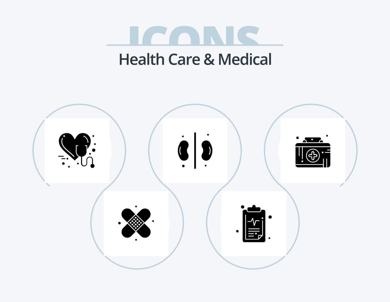 Gesundheitswesen und medizinisches Glyphen-Icon-Pack 5-Icon-Design. Erste-Hilfe-Kasten. Nieren. Pflege. Gesundheit. Herz vektor