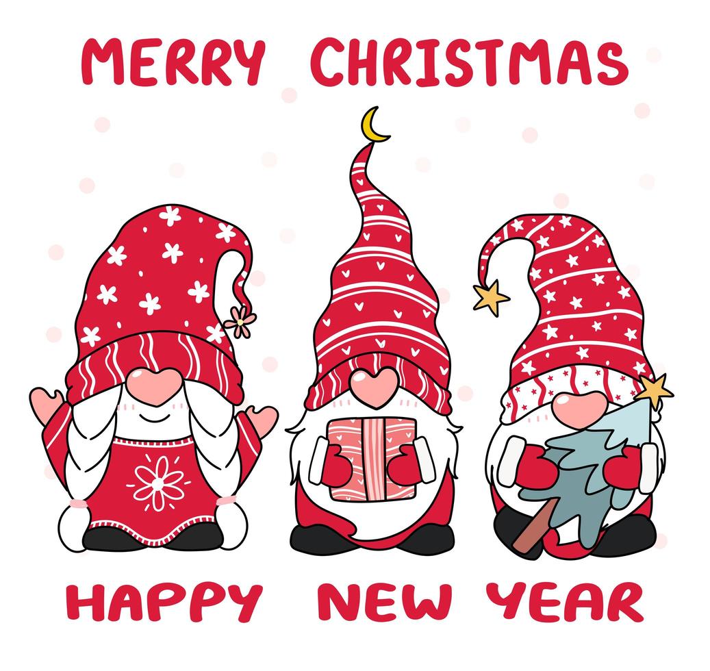 Baum glücklich kleiner Gnom im roten Hut, frohe Weihnachten vektor