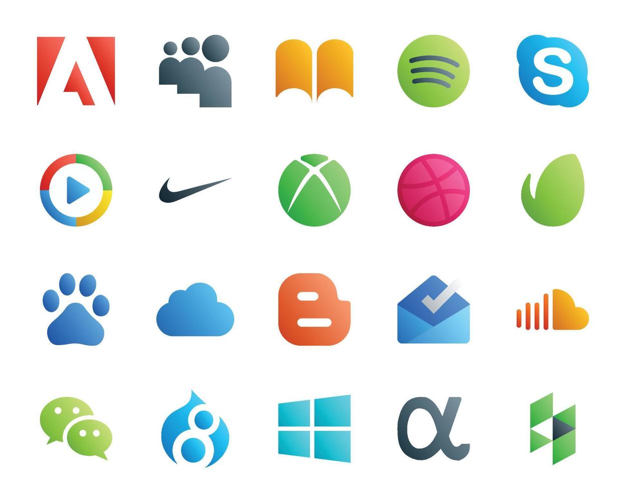 20 Social-Media-Icon-Pack inklusive Sound-Posteingang Nike Blogger Baidu vektor