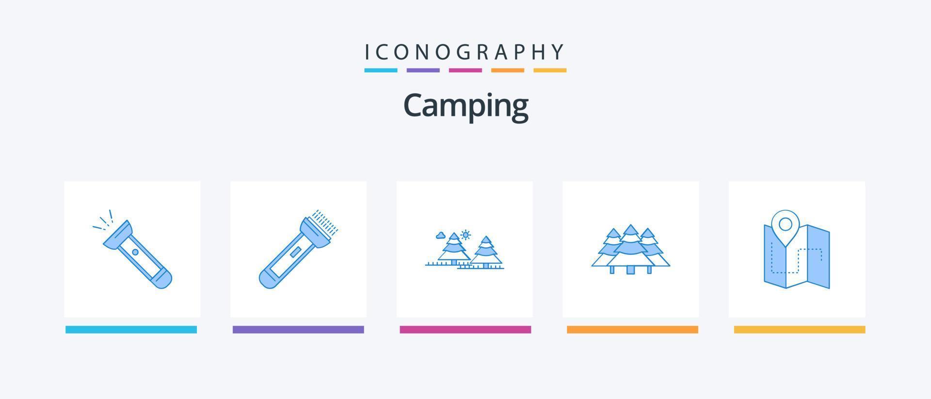 camping blå 5 ikon packa Inklusive . träd. plats. planen. kreativ ikoner design vektor