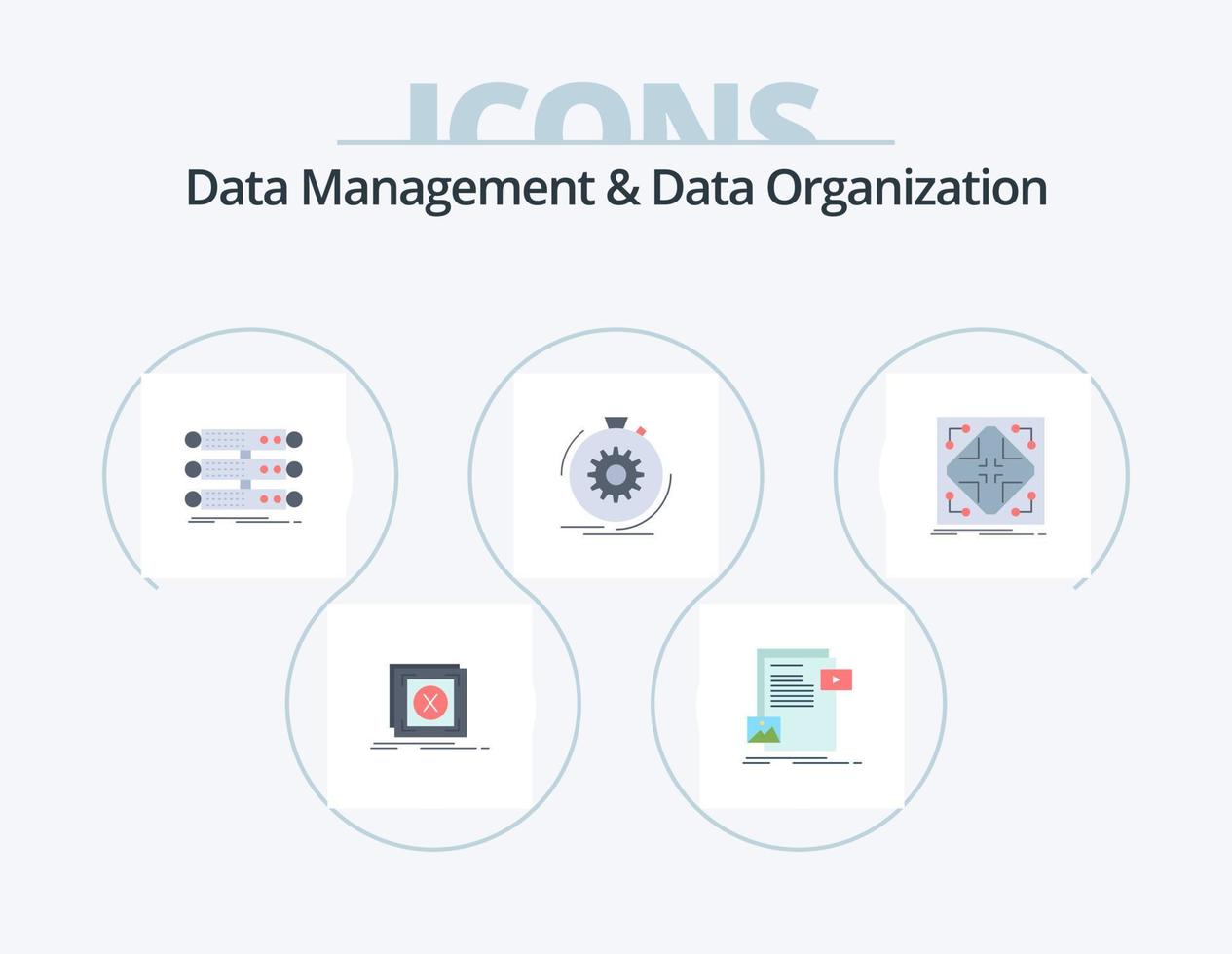 Datenmanagement und Datenorganisation Flat Icon Pack 5 Icon Design. Leistung. Aktion. Medien. Daten. Gestell vektor