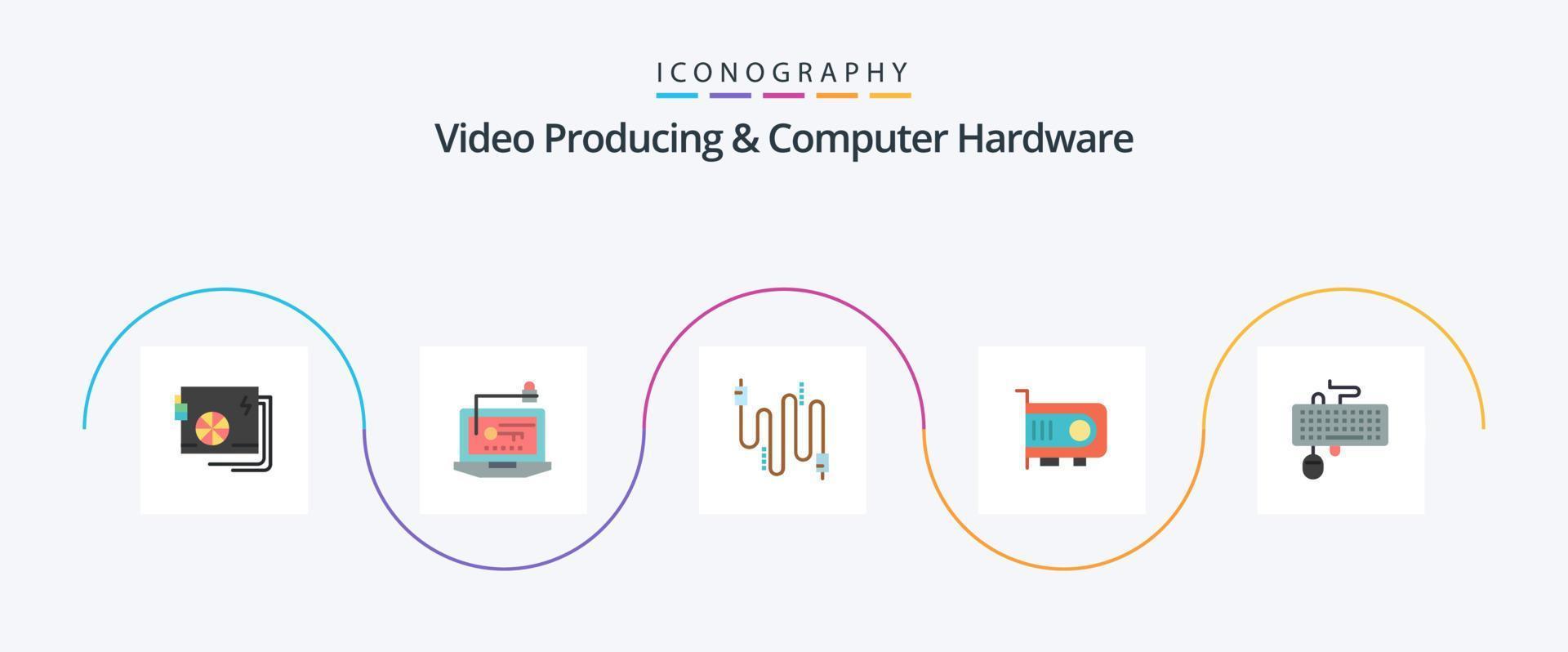video producerar och dator hårdvara platt 5 ikon packa Inklusive dator. kraft. nyckel. dator. kablar vektor