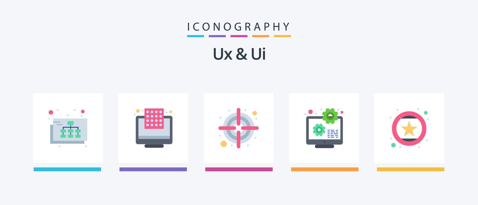 ux und ui flat 5 Icon Pack inklusive Lieblings-Like. Entwicklung. Darts. Code. Laptop. kreatives Symboldesign vektor