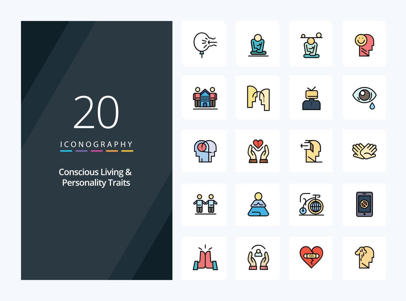 20 medveten levande och personlighet egenskaper linje fylld ikon för presentation vektor