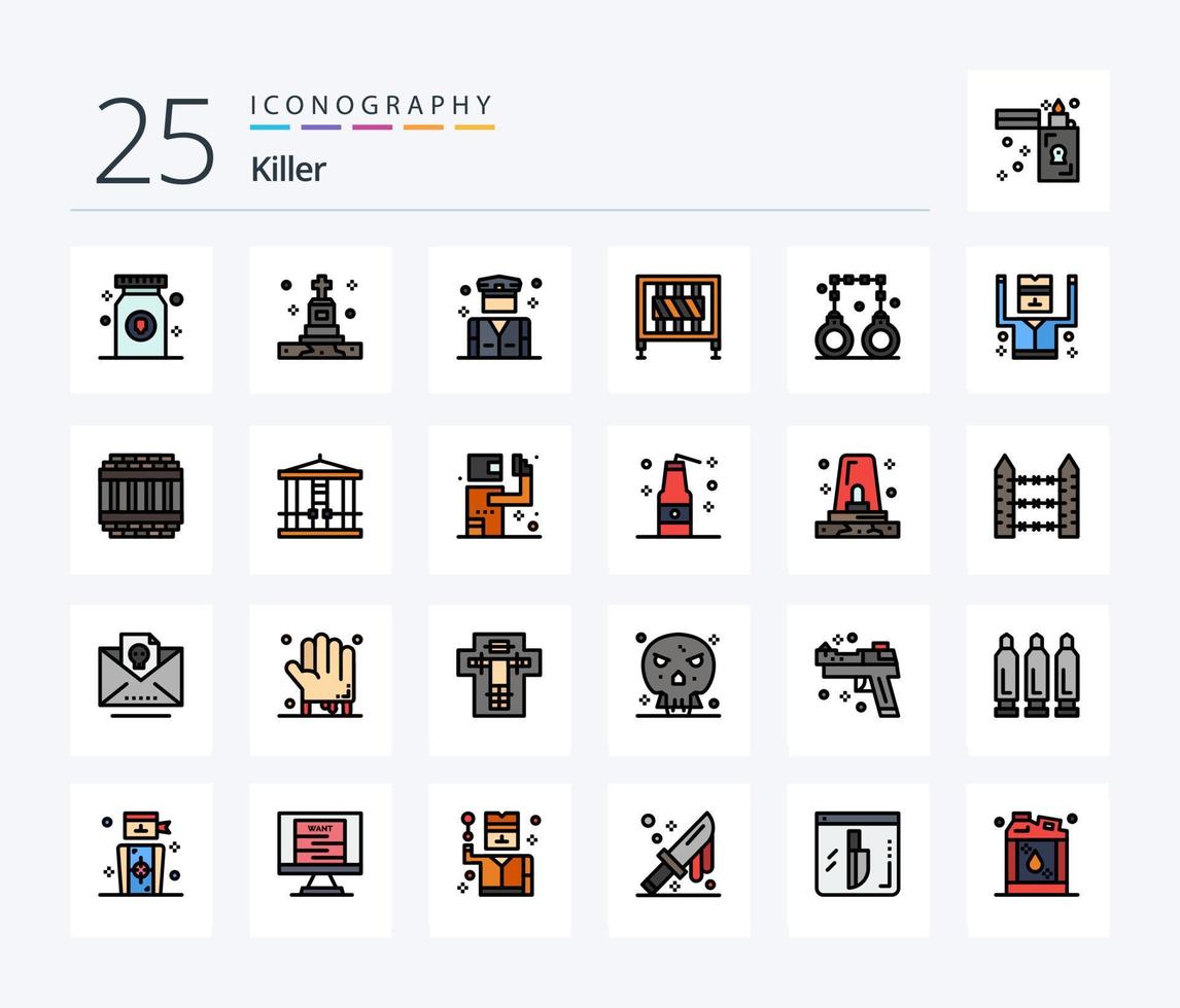 Killer 25 Zeilen gefülltes Icon Pack inklusive Anwalt. Signalisierung. Geschäft. Tor. Barriere vektor