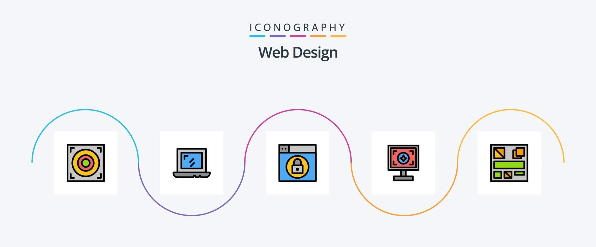 Webdesign-Linie gefülltes flaches 5-Icon-Paket einschließlich . Netz. sperren. Attrappe, Lehrmodell, Simulation. drucken vektor