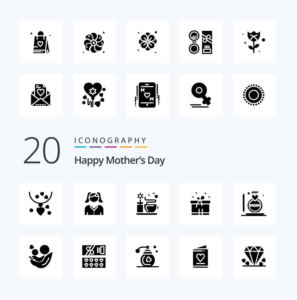 20 Happy Mothers Day Solid Glyph Icon Pack wie Box Ribbon Woman Geschenk heiß vektor