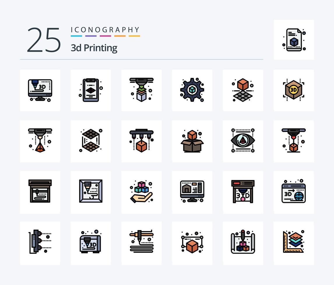 3D-Druck 25 Zeilen gefülltes Icon Pack inklusive Form. Würfel. Drucker. 3d. Drucken vektor